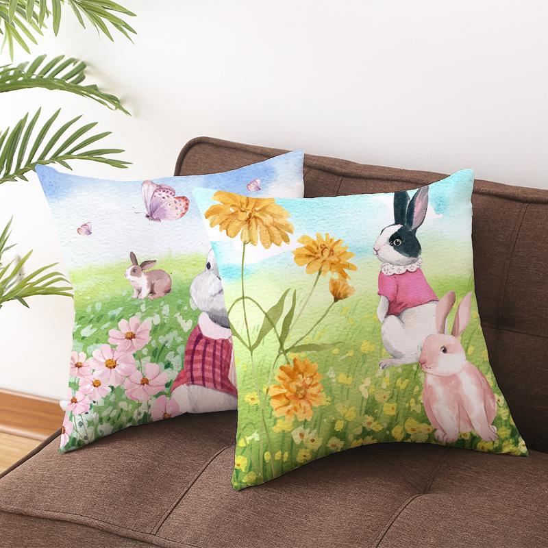 New Easter Pillowcase Watercolor Flowers Rabbit Home Pillow Cushion Cover