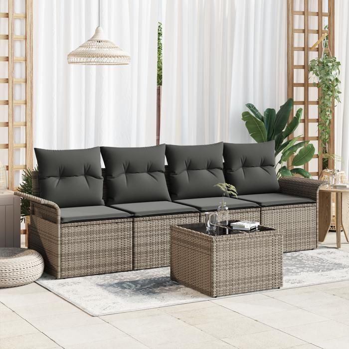 Ensemble de canapé jardin vidaXL de 5 pièces avec coussins Gris Poly Rattan 3353898