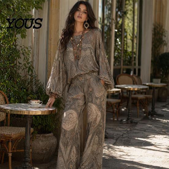 Relaxed Fit Women Outfit Boho Print 2 Piece Sets for Women, Casual Long Sleeve Top Side Pocket Pants Wide Leg Matching Sets, Summer Loose Travel