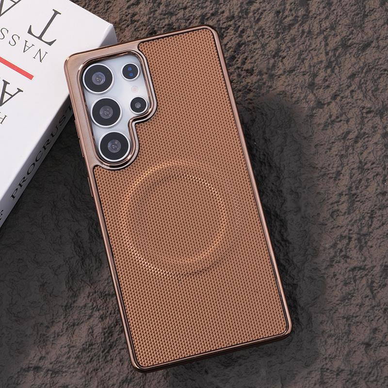 Plating Soft Edge Leder-Telefonhülle für Samsung Galaxy S24 FE S25 Ultra S23 S22 Plus Unterstützung für kabelloses Laden mit magnetischer Abdeckung