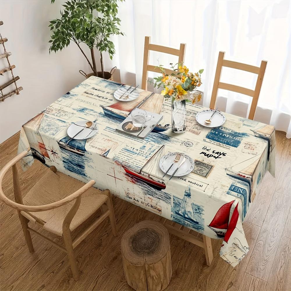 One vintage sailing yacht and ocean collage pattern polyester fabric tablecloth.PMJ