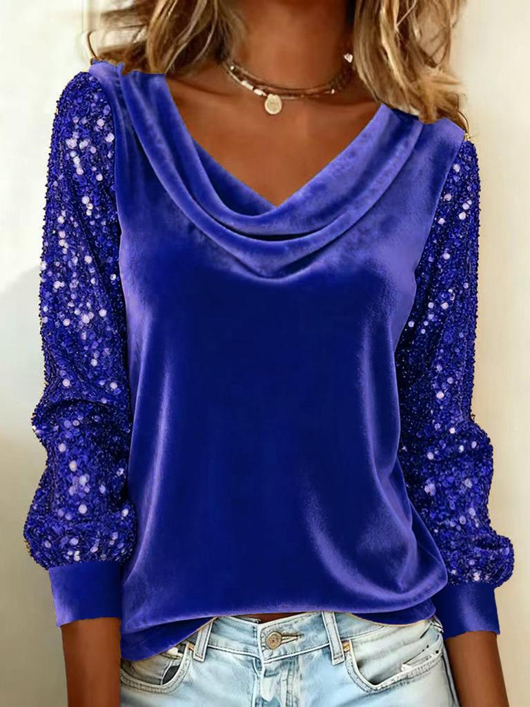 2025 Velvet High Neck Sequin Patchwork Long Sleeve Women's Top
