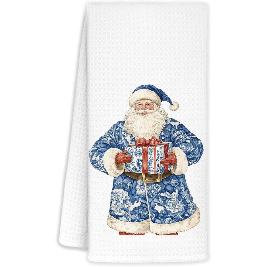 Blue Chinoiserie Winter Santa Kitchen Towels, Blue and White Toile Santa Dish Tea Towels for Kitchen Decor, Grandmillennial Xmas Holiday Decorative
