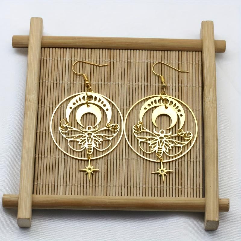 Golden Butterfly Moon Star Design Dangle Earrings Elegant Bohemian Style Alloy Jewelry Personality Female Gift