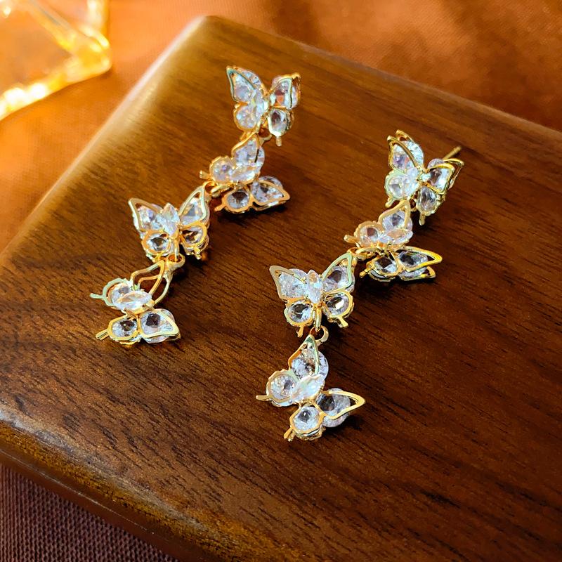 Super fairy sweet zircon butterfly long fringed silver needle earrings Korean earrings