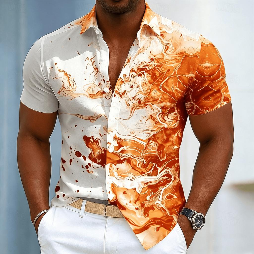 Heren Inktwerveling Kunstprint Korte Mouw Shirt, Casual Abstract Vloeibaar Patroon Knoopsluiting voor Lente Zomer