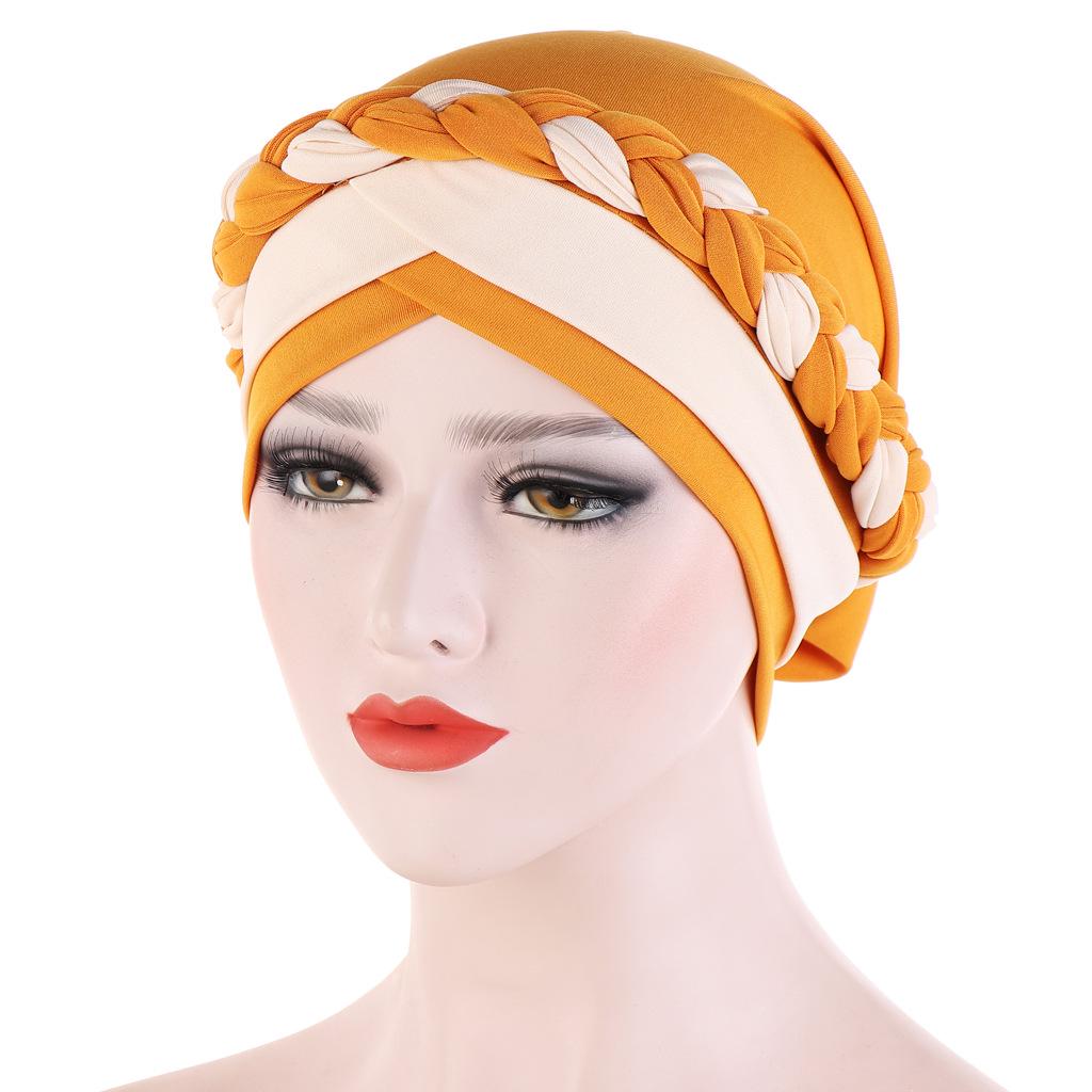 Two-Tone Patchwork Milk Silk Bandana Hat with Short Braid and Hidden Hair Wrap for Muslims