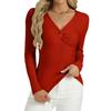 Women's Fashion Twisted V-Neck Slim T-Shirt Long Sleeve Pullover Solid Colour Top