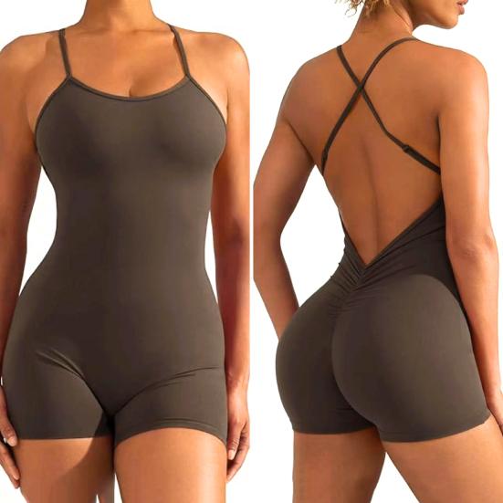 Sommer-Yoga-Strampler für Damen, mit Kreuz-Rücken, ärmellos, hohe Elastizität, dünn, weich, atmungsaktiv, tief ausgeschnitten, U-Ausschnitt, schulterfrei, Mantel, Strand, kurze Sommer-Fitness