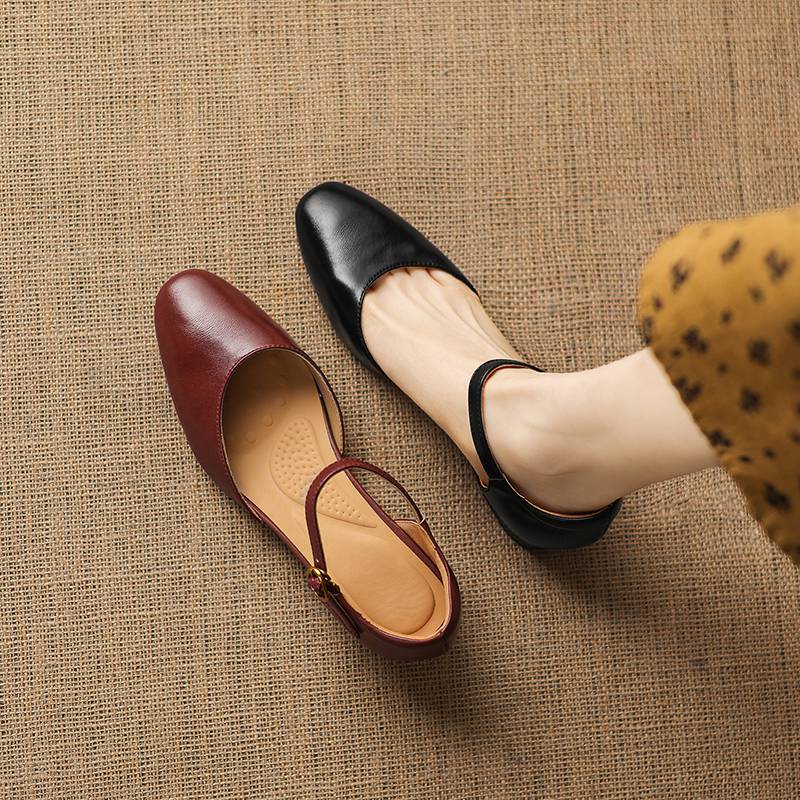 Krazing Pot Cow Skin Round Toe Low Heels Summer Shoes Big Size 42 Ankle Straps Women Pumps