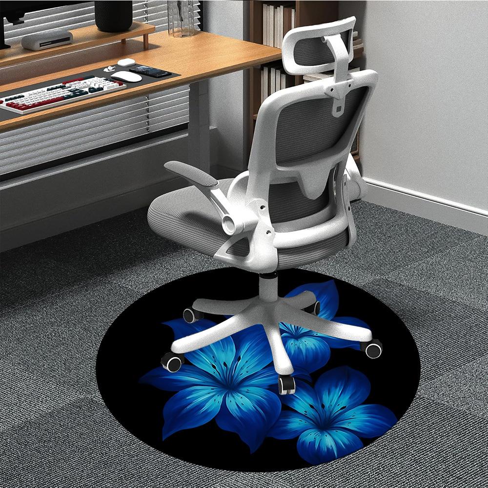 1pc Blue Lily Flowers Chair Carpet for Office, Round Non-Slip Durable Large Size Office Carpet, Suitable for Office, Beautiful Decoration