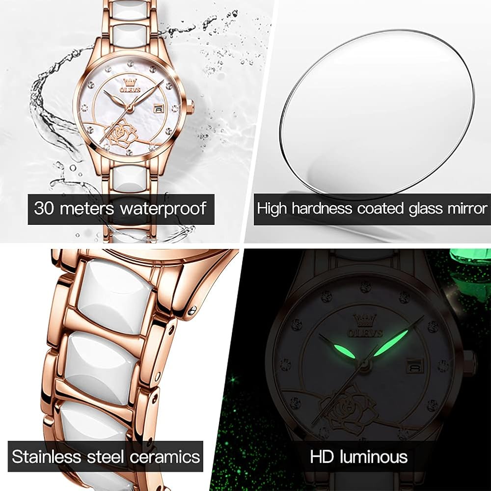 OLEVS Women's Cute Waterproof Watch with Japanese Movement, Luminous Display, Date Function, White