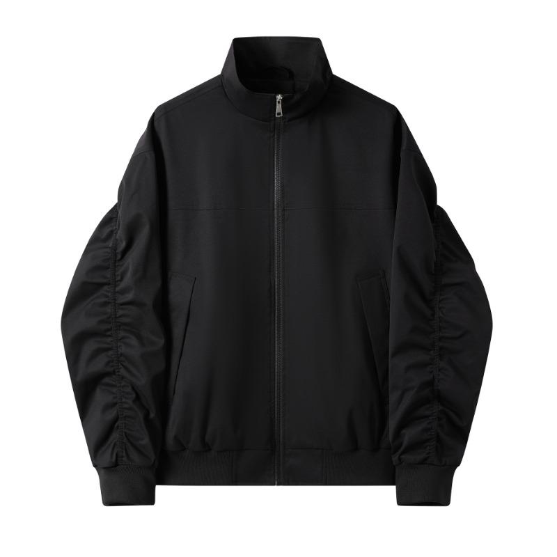 

Men s Beige Ruched Sleeve Stand Collar Bomber Jacket - Oversized Casual Streetwear Windbreaker S