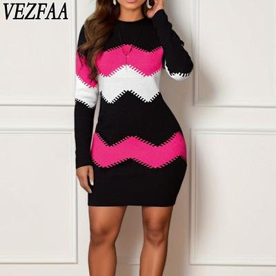 Vestidos Casuais Femininos Moda Primavera Outono Estampa Listrada Manga Longa Gola Redonda Cintura Alta