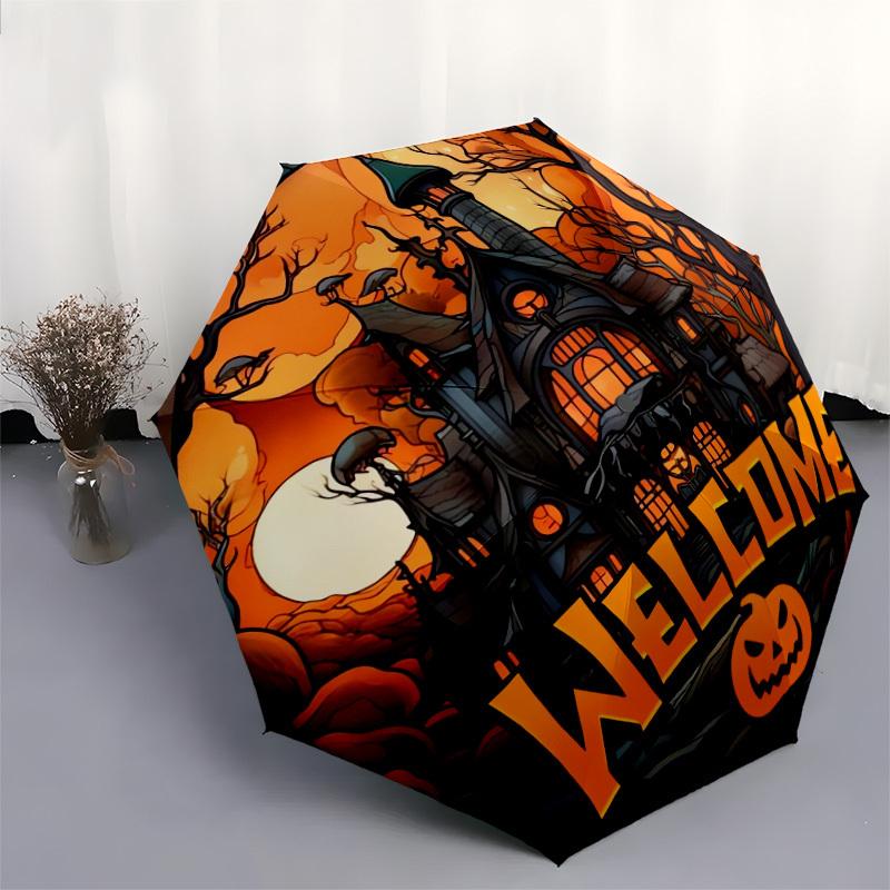 1pc Halloween Haunted House Welcome Sign Umbrella with Plastic Handle,Suitable for All Seasons Home Travel Outdoor UmbrellaDD513