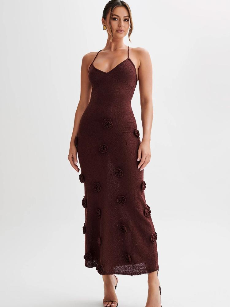 

Жіночі елегантні тривимірні квіткові слінги максі-сукні Модні тонкі сукні з V-подібним вирізом без рукавів Халати L темно-коричневого кольору