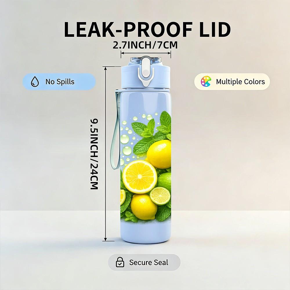 1PC Fresh Lemon Lime Citrus Fruit Print 750ml Color Plastic Sports Water Bottle Leakproof Flip Straw Lid Suitable for Sports Office Home Use