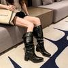 Autumn and winter new fashionable and thin stacking boots women's pointed thick heel high tube belt buckle large size boots