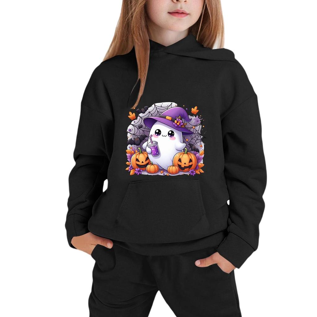 Kids Halloween Hoodie Pullover Sweatshirt with Ghost Pumpkin Print Long Sleeve Casual Top for Boys Girls