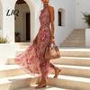 Casual Loose Fit Dress Floral Chiffon for Women, Halter Sleeveless Ruched Maxi Off-shoulder Dress, Turtle Neck Wedding Guest Cocktail Evening
