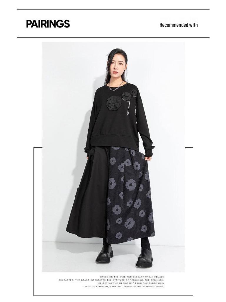 2025 Autumn Asymmetrical Wide-Leg Retro Patchwork Culottes: Women's Casual Dark Style