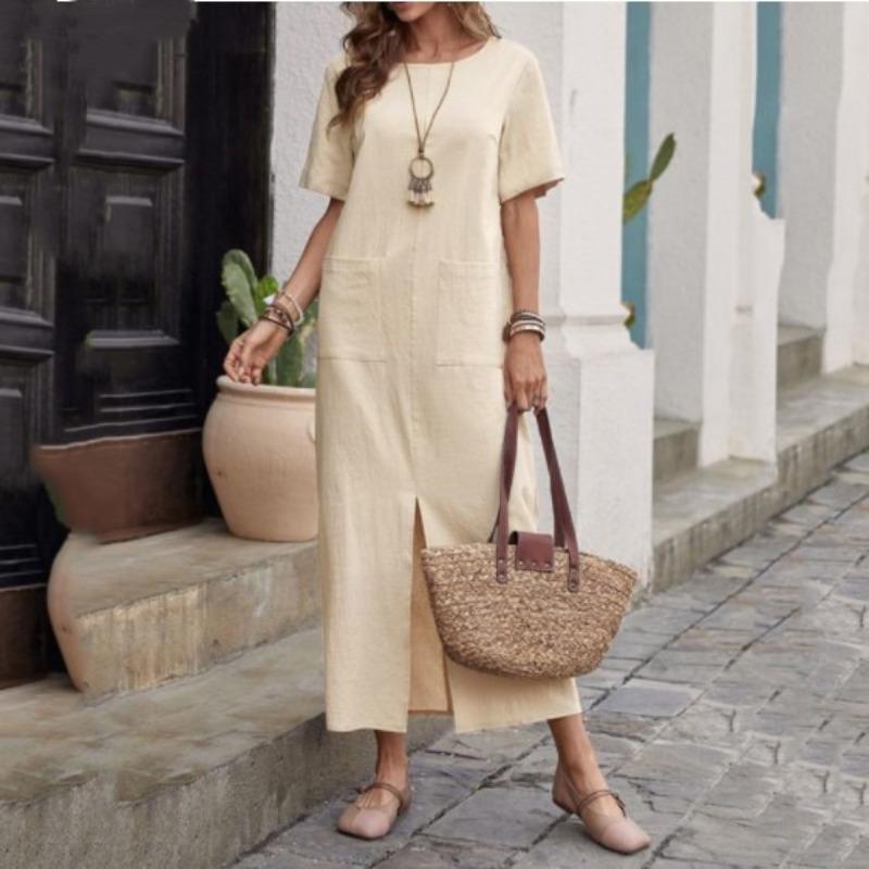 

Summer Cotton and Linen Solid Color Loose Round Neck Short-sleeved Dress Women s Split Long Skirt S абрикосовый