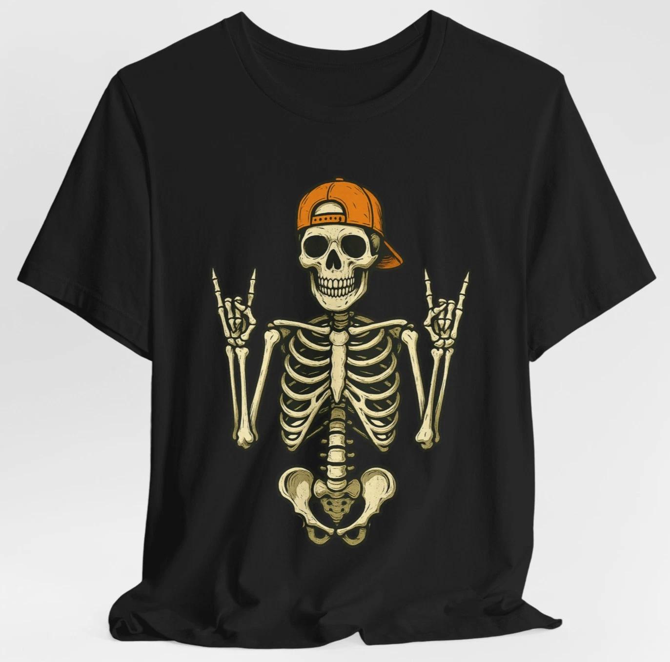 Rockin Skeleton Halloween T-Shirt Skeleton with Hat Throwing Horns Funny Spooky 3XL