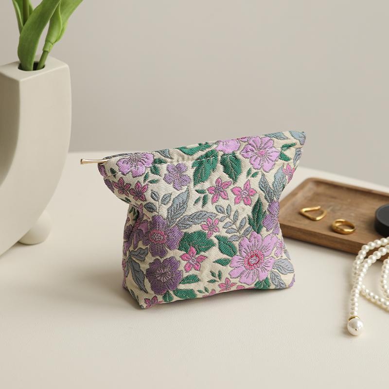 Women's Cosmetic Bag Small Vintage Purple Flowers Cosmetics Lipstick Storage Bag Handheld Portable Canvas Storage Bag Purse