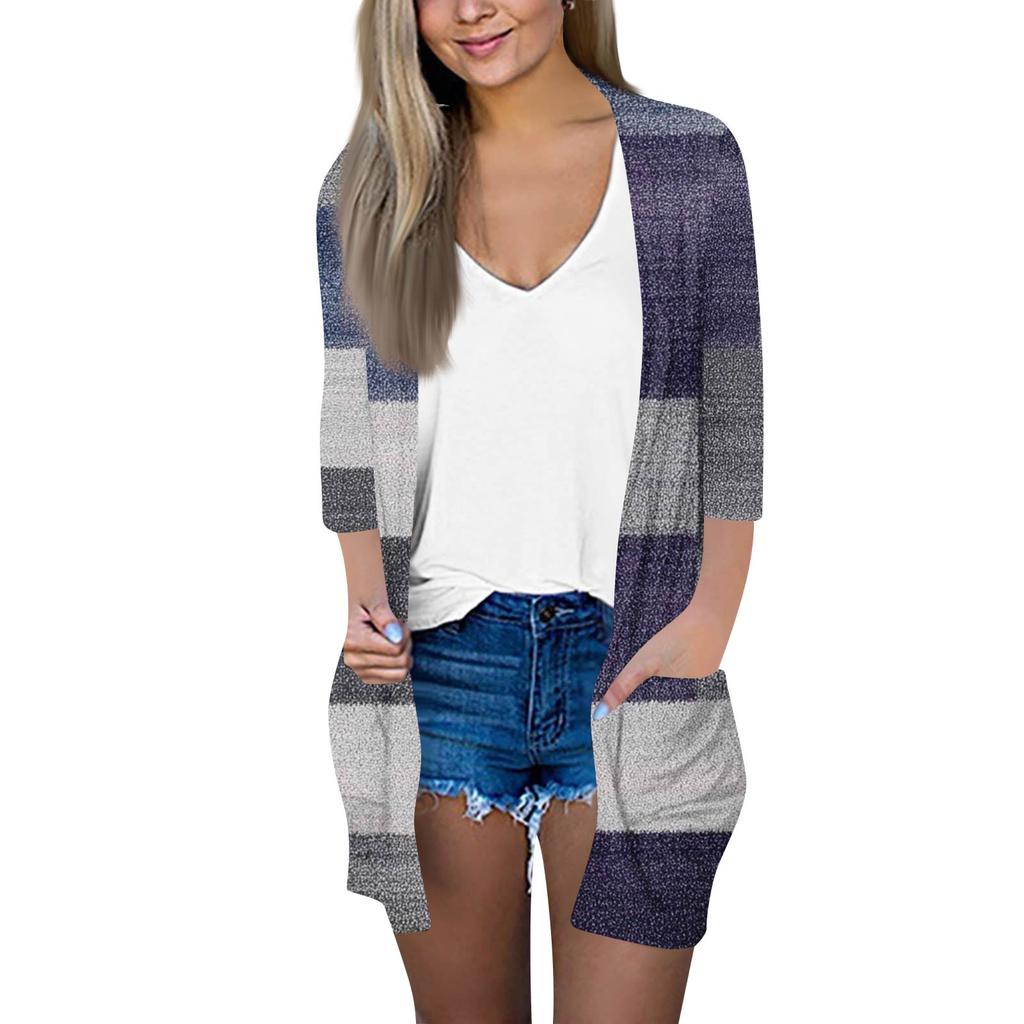 Women's Fashion Loose Casual Pocket Printed Cardigan Seven Sleeve Jacket Top