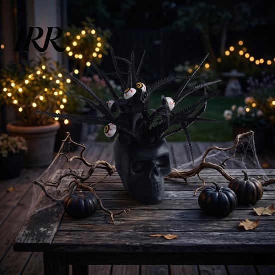 Spooky Skull Figurine Figurine, Black Red Rose Creepy Eyeballs Skeleton Halloween Lightweight Decoration Table Centerpiece for Tabletop, Desk, Mantel,