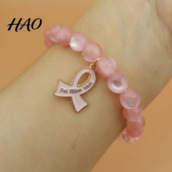 Inspirational Hope Engraved Jewelry Breast Cancer Awareness Bracelets for Women, Ribbon Women Charity Event Souvenir Charm Beaded Elastic Bracelet,