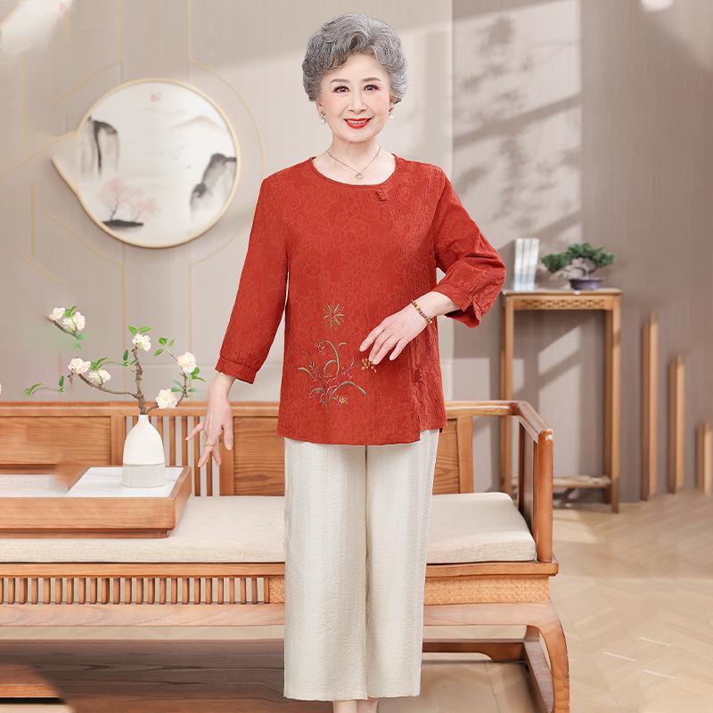 

Grandma s Summer Cotton Linen Suit: Women s Three-Quarter Sleeve Top for Middle-Aged & Elderly Moms XL (80-95 kg)