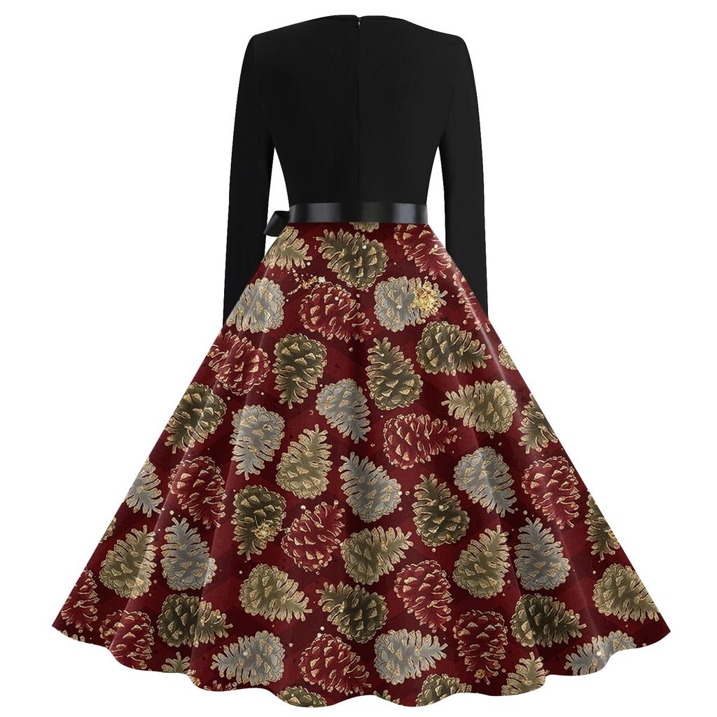 Dámské ležérní módní šaty s výstřihem do V, dlouhým rukávem a retro vánočním potiskem