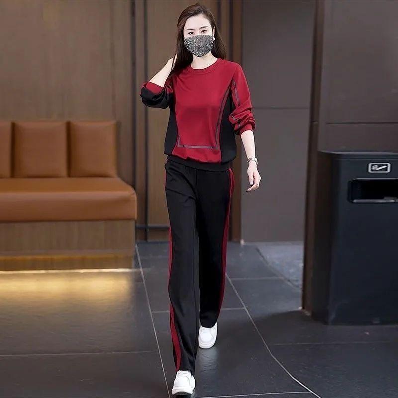 Casual Sports Suit Autumn and Winter Fashion Contrasting Color Round Neck Sweatshirt Wide Leg Pants Two-piece Set