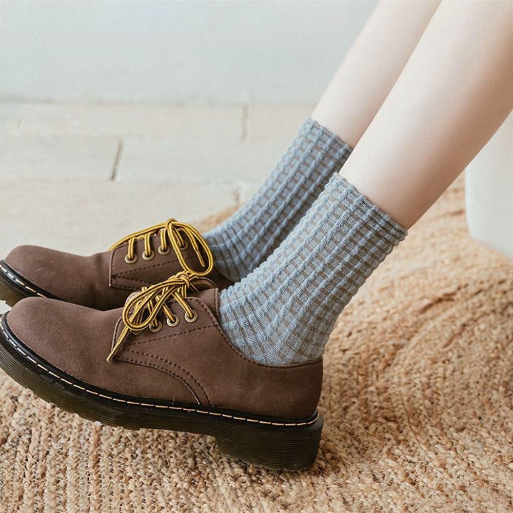 5Pairs Breathable Checkered Cotton Socks Patchwork Grids Socks Sweet Women Tube Sock Gift