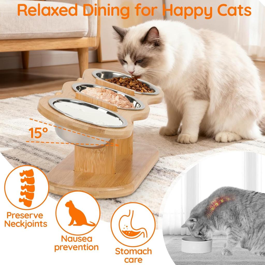 2026 Elevated Cat Bowls Raised Wood Stand Feeder with 3 Stainless Steel Bowls Feeding & Watering Supplies for Puppy Cats Accessories