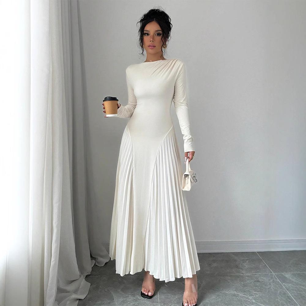 2025 Women’s Elegant Long Sleeve Pleated Knit Dress for Spring/Autumn