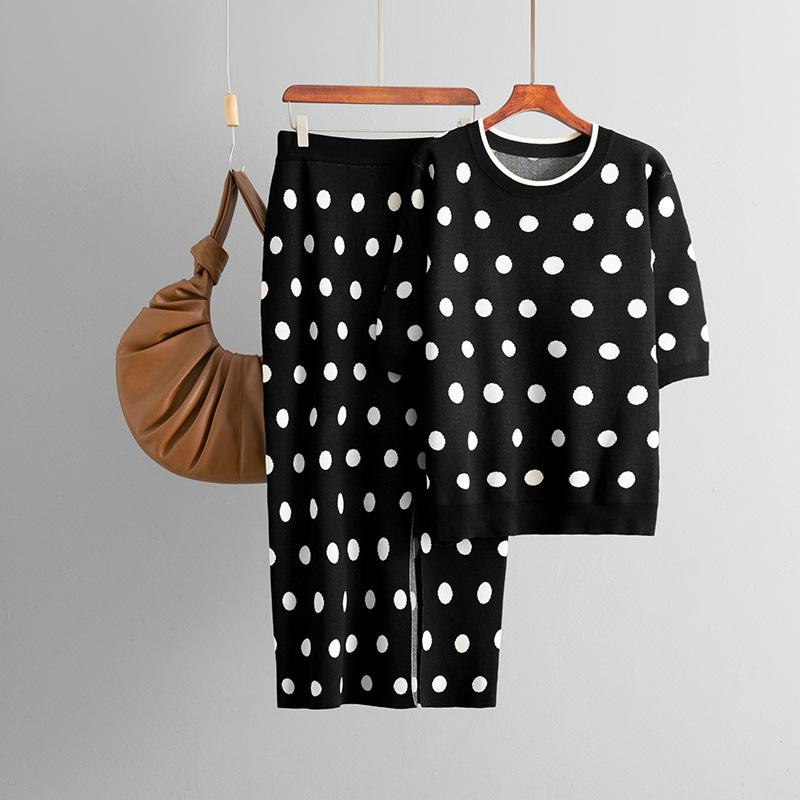 Summer round neck polka dot short-sleeved knitted sweater fashion suit + high waist hip-wrapped split skirt two-piece set