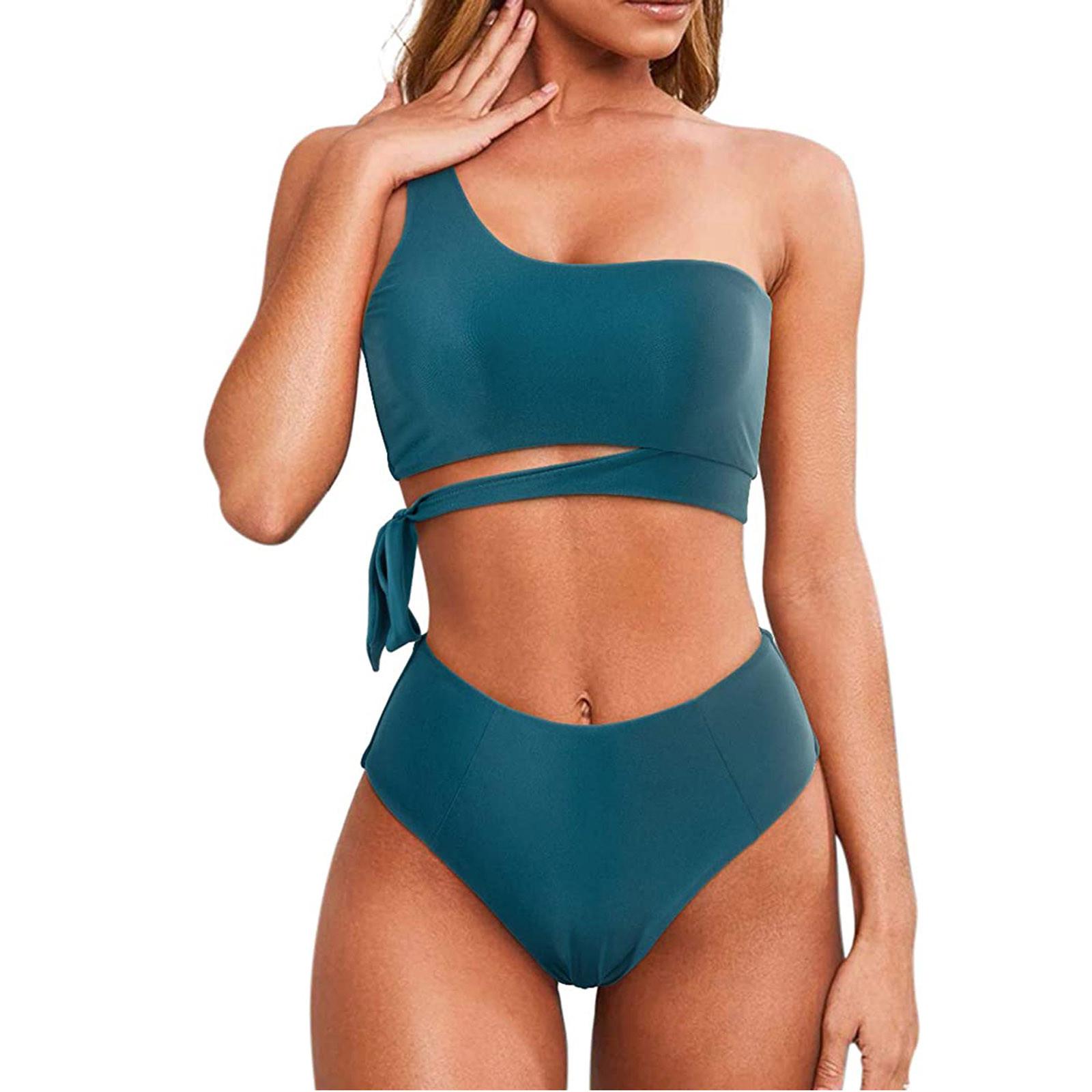 

Модный женский бикини на одно плечо с ремешками, сексуальный повседневный купальник с разрезом XL синий