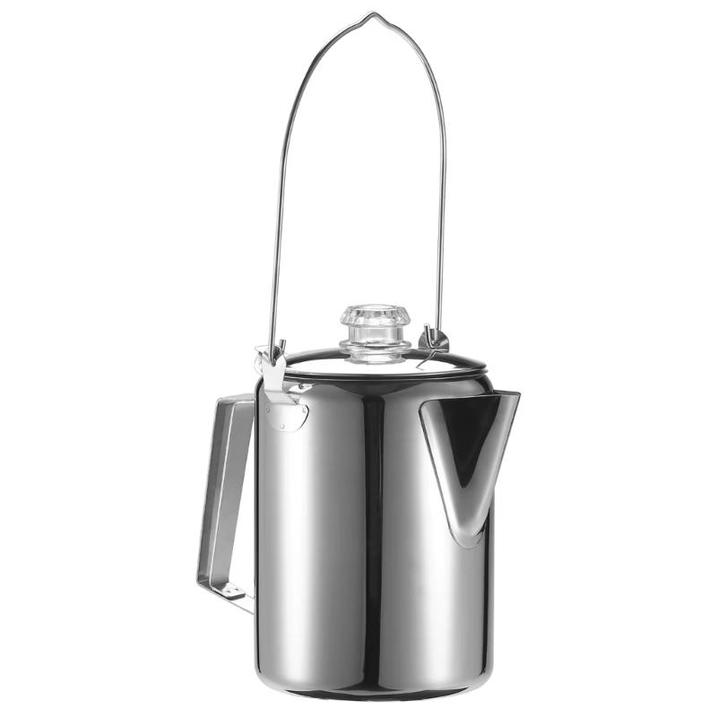 Kaffeperkolator med gångjärnslock Rostfritt stål Genomskinlig knopp Kaffebryggare Kaffekanna för lägereldar och spishällsbryggning