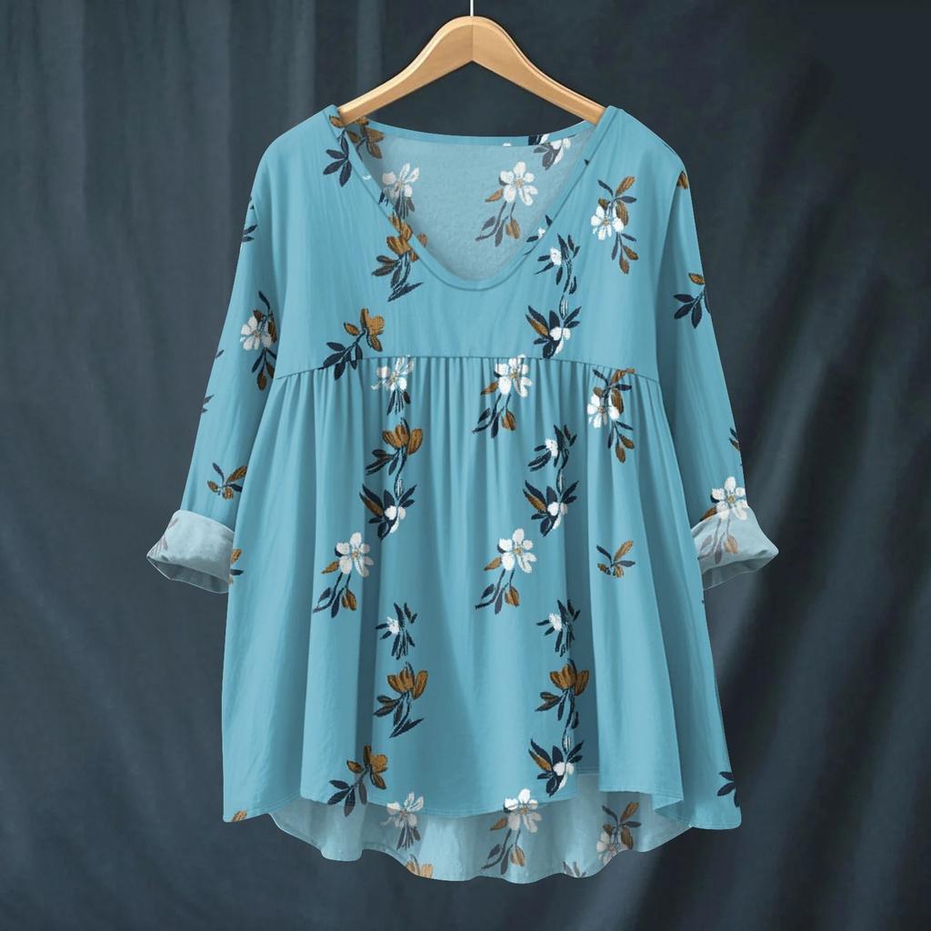 Damen Modisches Und Lässiges Hemd Langärmlig V-Ausschnitt Druck Baumwolle Und Leinen Bluse