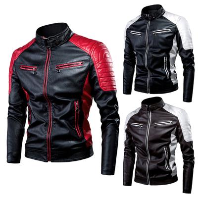 Casaco Masculino Cores Contrastantes Gola Alta Motor Slim Vintage Clássico Jaqueta de Couro Sintético para Motociclista