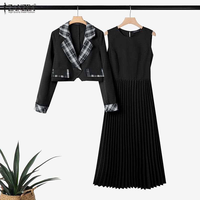 ZANZEA Women Long Sleeve Cardigan Blazer and Dress Summer Two Piece Suit Sets