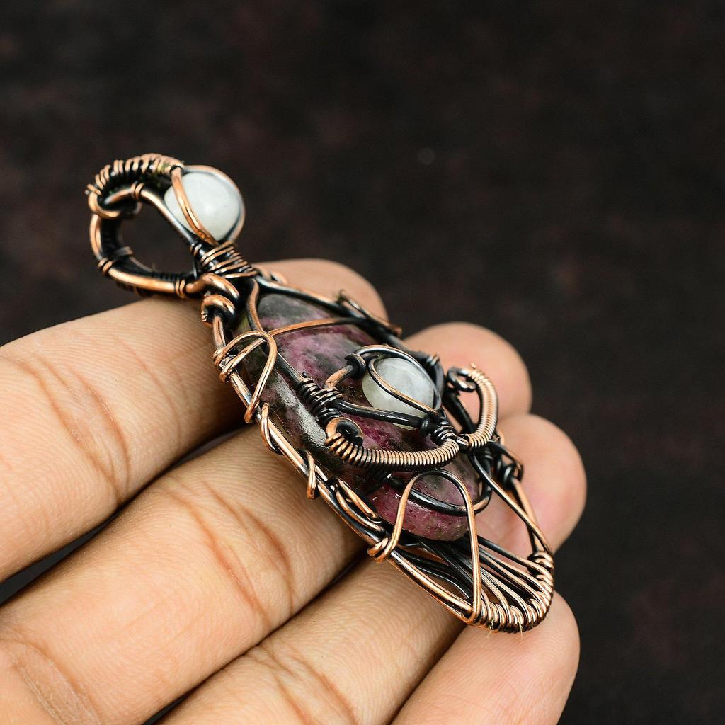 Evil Eye Rhodonite Copper Wire Wrapped Pendant Moonstone Copper Jewelry Handmade Pendant Evil Eye Jewelry Rhodonite Pendant Gift For Friend