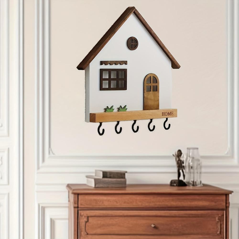 Dekorativní háčky ve tvaru domečku Dřevěný držák na klíče Umělecký design Nástěnný držák na klíče Obývací pokoj