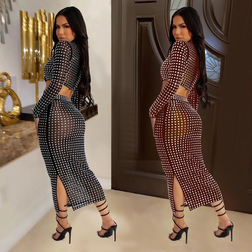 Women's European and American Fashion Solid Color Mesh Two-Piece Skirt Set with Hot Drilling