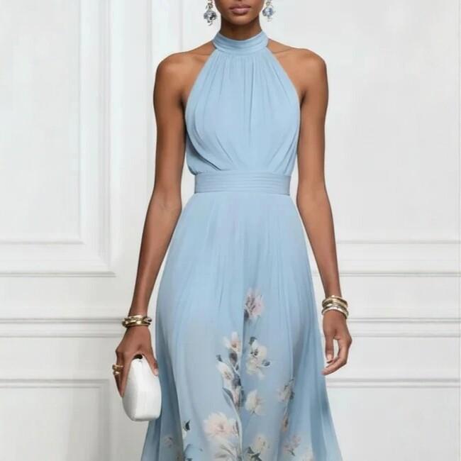 Women's Halter Neck Sleeveless Floral Print Maxi Dress High Waist Elegant Party Dress