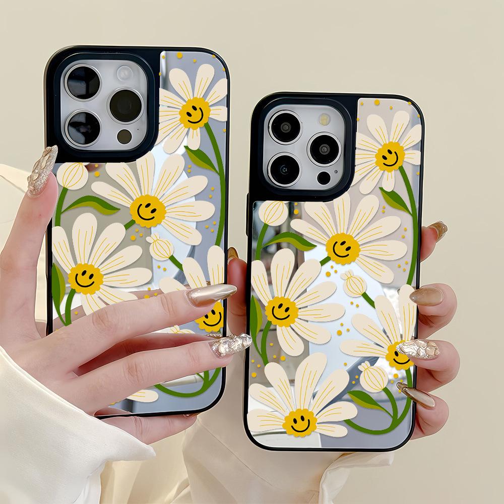 ins smiley face flower is suitable for Apple 17ProMax mobile phone case 15/16 all-inclusive 13 anti-drop 14 makeup mirror advanced