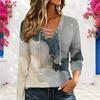 Women Plus Size V Neck Long Sleeve Abstract Printed Eyelet Chain Lace Up Top