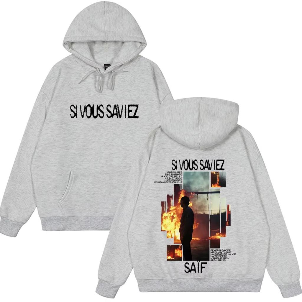 Rapper Saif Album Si Vous Saviez 2026 Tour Print Hoodie Herren Damen Hip-Hop Pullover Locker Lässig Weiches Baumwoll-Sweatshirt Locker Gemütlich und Vielseitig